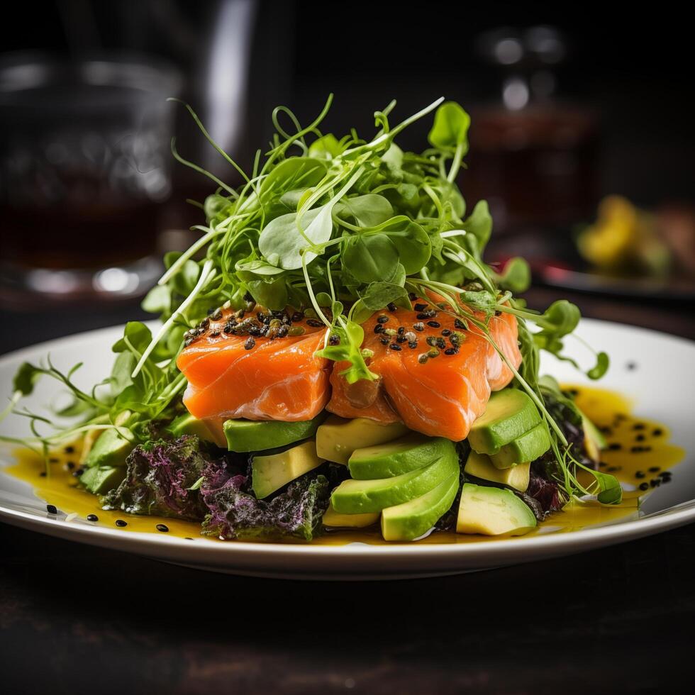 Plate with avocado salad with salmon and tomatoes. Photo for restaurant menu, advertising, delivery, banner