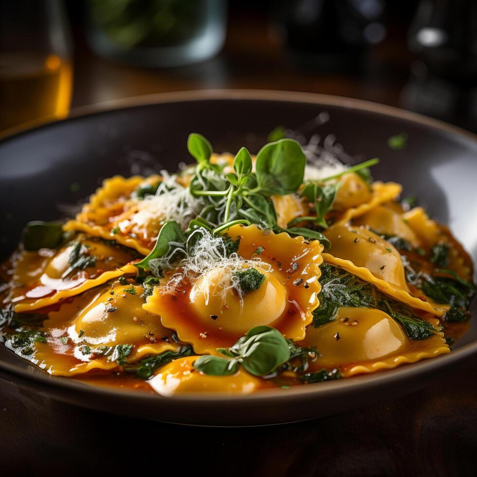 Plate with ravioli in white souce, Italian food. Photo for restaurant menu, advertising, delivery, banner