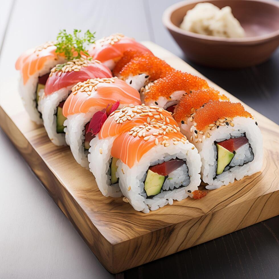 Wooden desk with different kinds of sushi isolated on white background. Photo for restaurant menu, advertising, delivery, banner