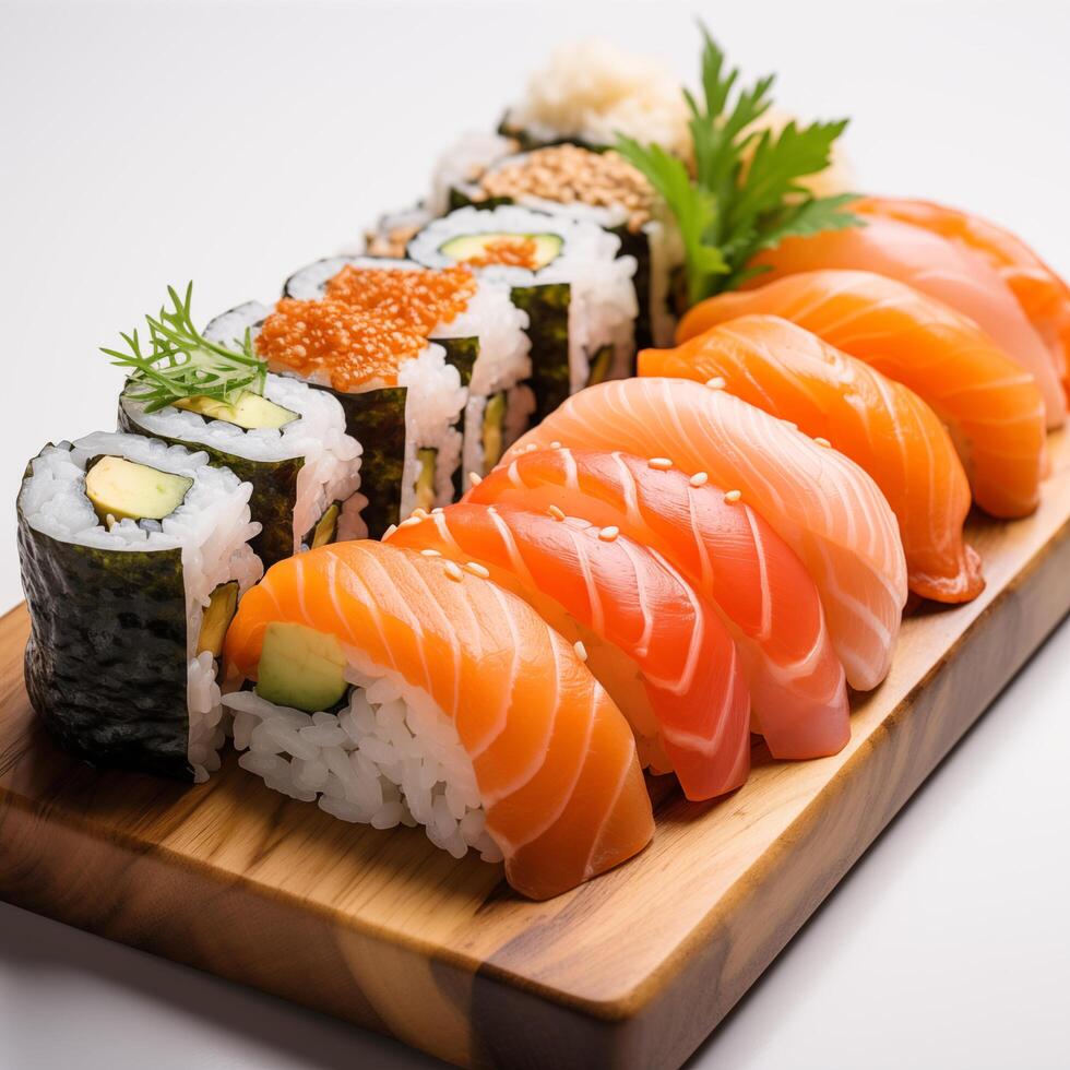 Wooden desk with different kinds of sushi isolated on white background. Photo for restaurant menu, advertising, delivery, banner