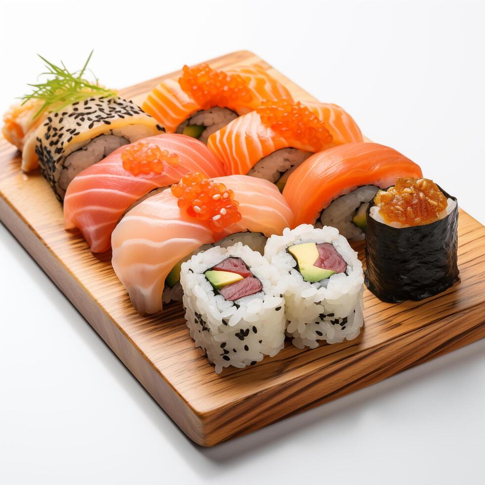 Wooden desk with different kinds of sushi isolated on white background. Photo for restaurant menu, advertising, delivery, banner