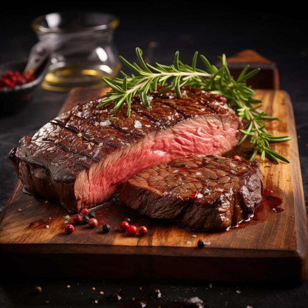 Piece of rump steak on cutting board dark background. Cured spiced and smoked Pastrami. Photo for restaurant menu, advertising, delivery, banner