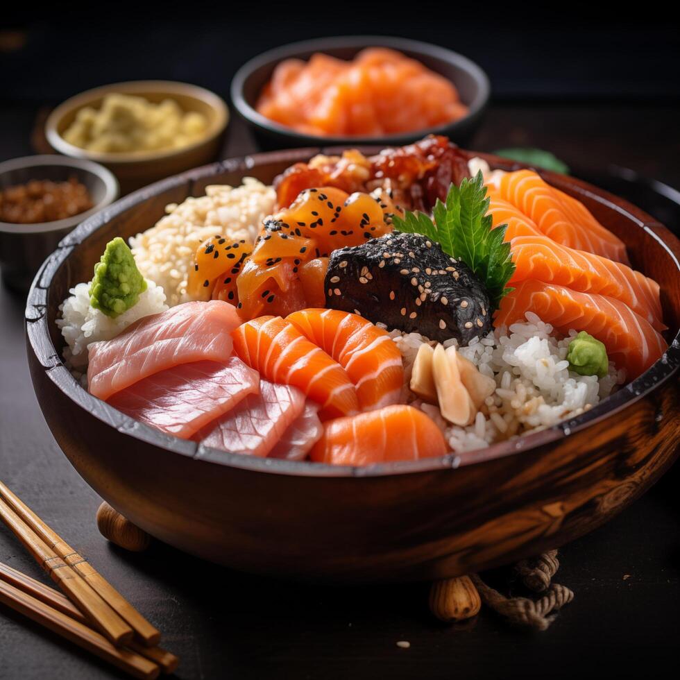 Plate with different kinds of sushi. Photo for restaurant menu, advertising, delivery, banner