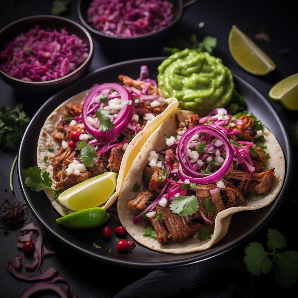 Mexican tacos flatlay composition with onions, beef and lemon. Photo for restaurant menu, advertising, delivery, banner