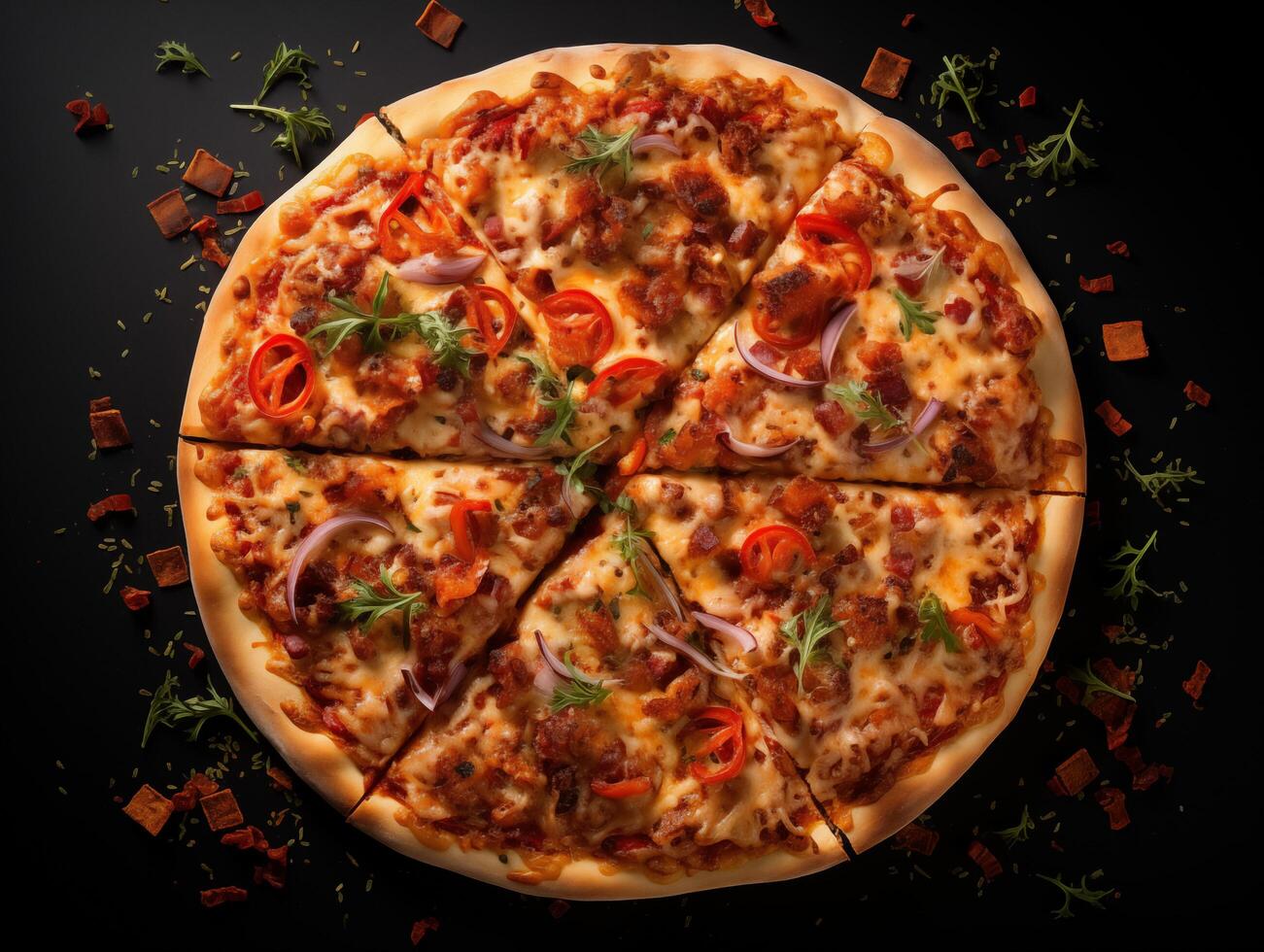 Top view of pizza isolated on black background. Photo for restaurant menu, advertising, delivery, banner