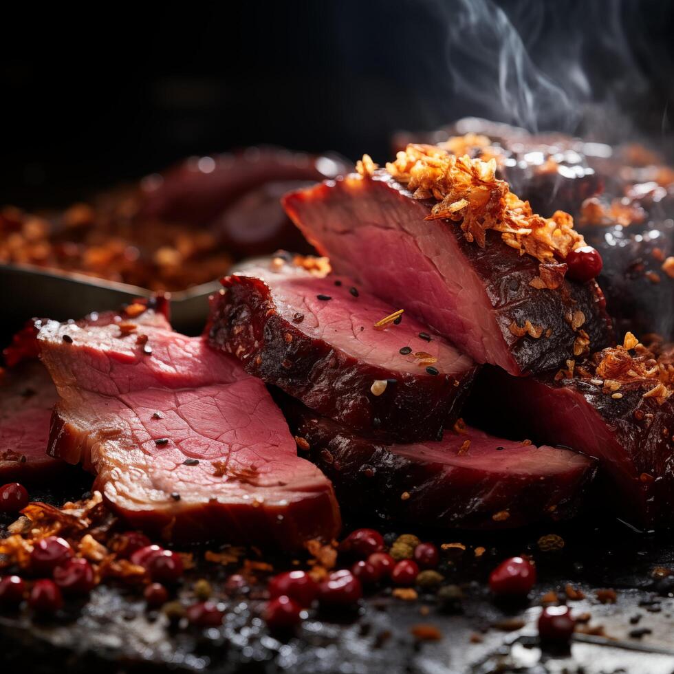 Piece of rump steak on cutting board dark background. Cured spiced and smoked Pastrami. Photo for restaurant menu, advertising, delivery, banner