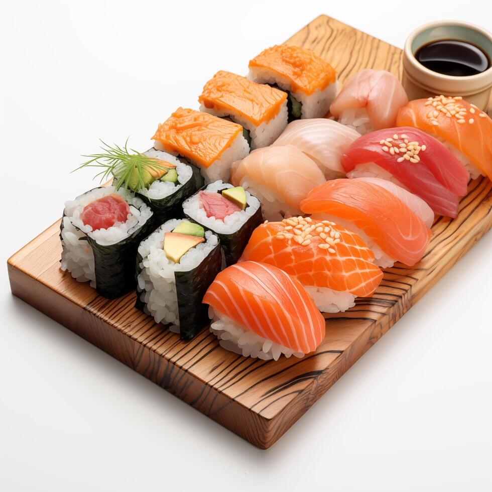 Wooden desk with different kinds of sushi isolated on white background. Photo for restaurant menu, advertising, delivery, banner