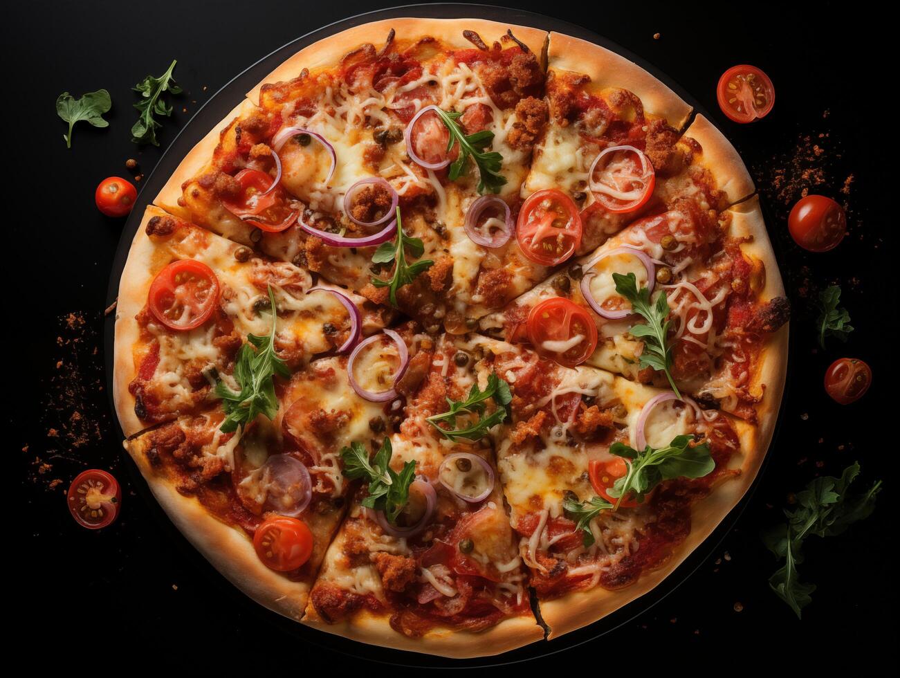 Top view of pizza isolated on black background. Photo for restaurant menu, advertising, delivery, banner