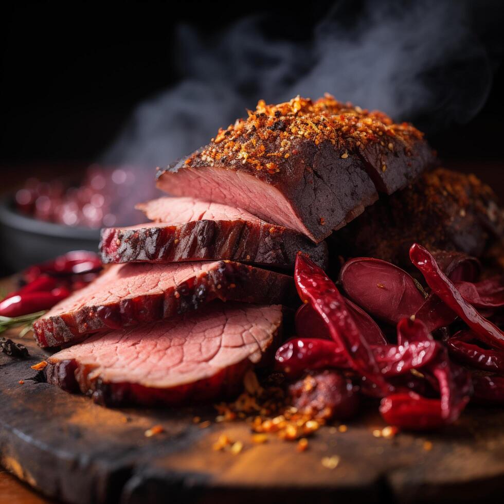 Piece of rump steak on cutting board dark background. Cured spiced and smoked Pastrami. Photo for restaurant menu, advertising, delivery, banner
