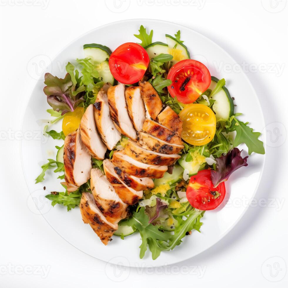 Top view of fresh salad with fresh vegetables and chicken in a round bowl. Healthy food. Commercial Banner, photo for menu