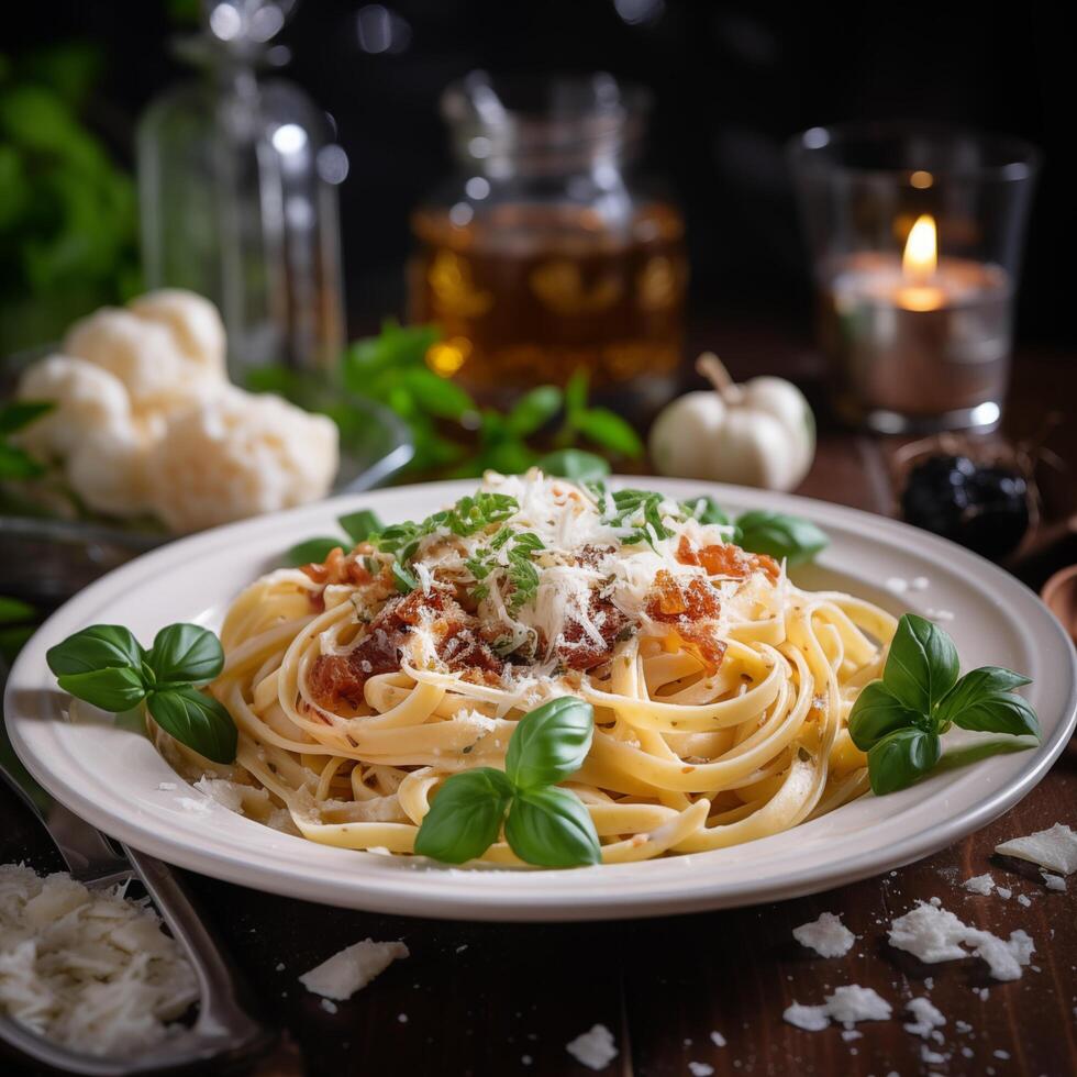 Plate with linguini with white souce, Italian food. Photo for restaurant menu, advertising, delivery, banner