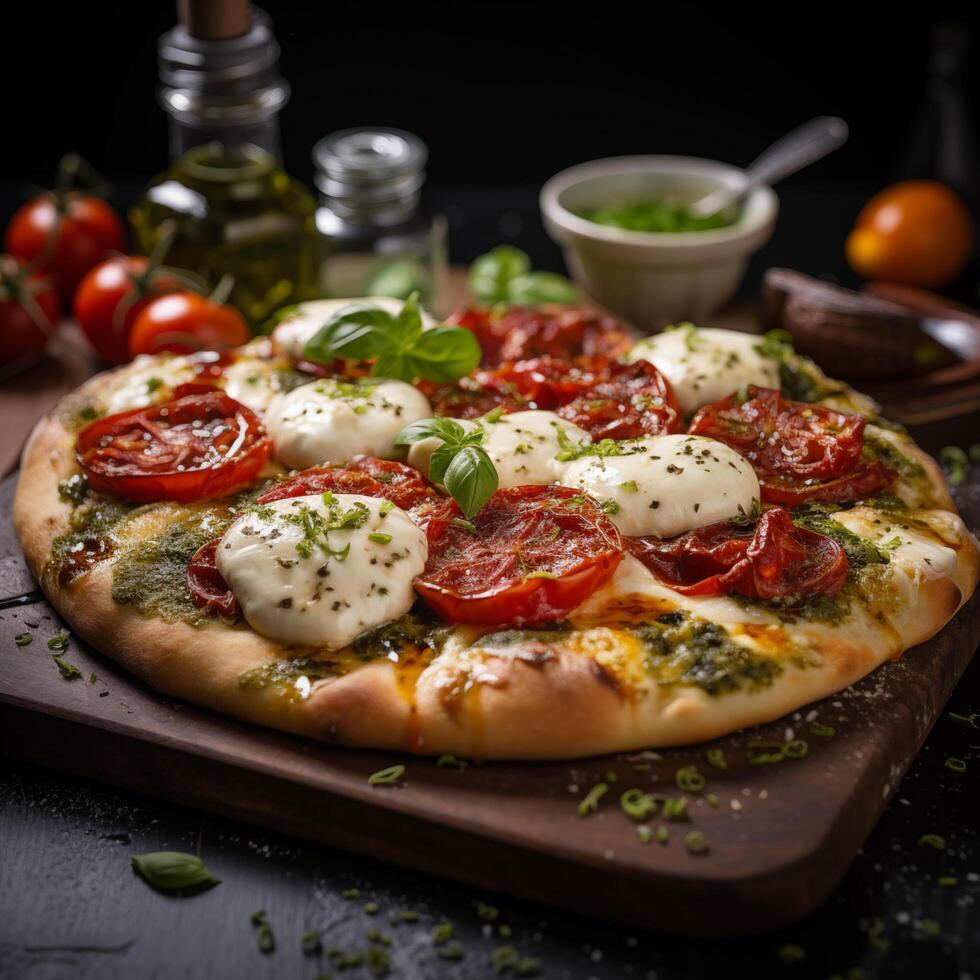 Side view of Italian pizza with pesto, tomatoes and mozzarella, black background. Photo for restaurant menu, advertising, delivery, banner