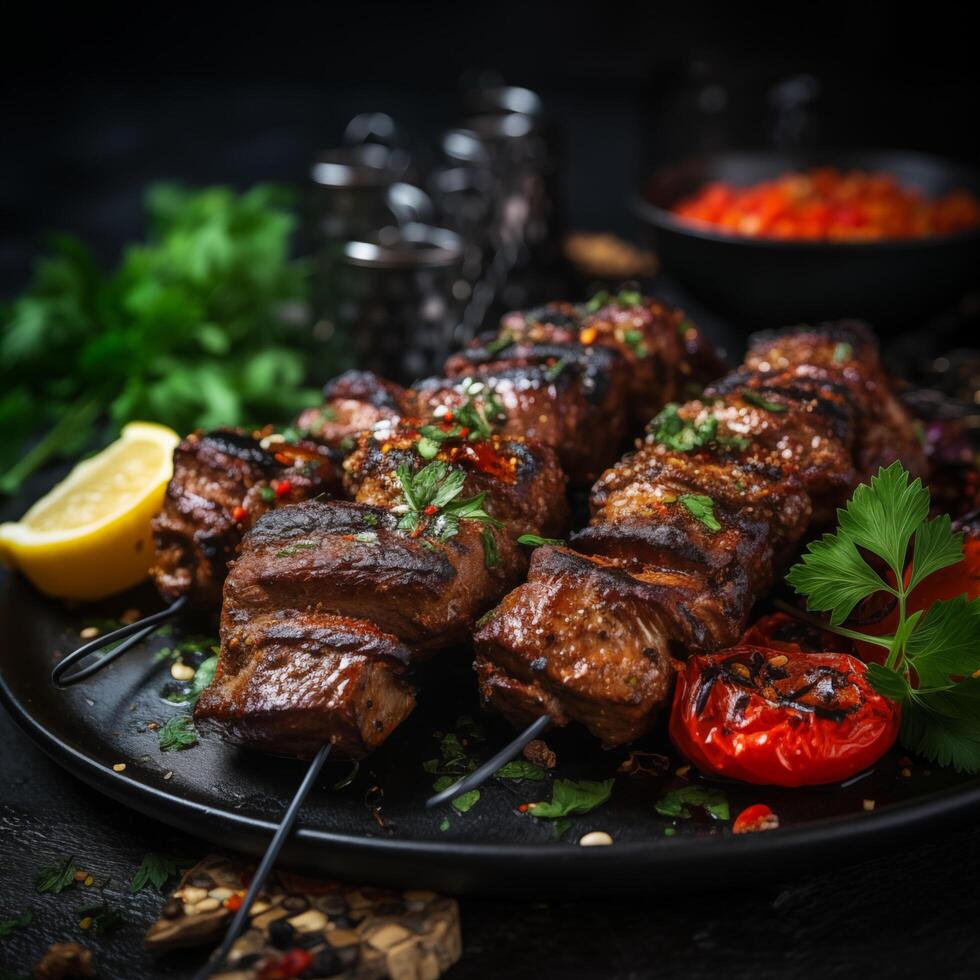 Photo of Grilled meat skewers shish kebab on black background. Photo for restaurant, menu, advertising, banner