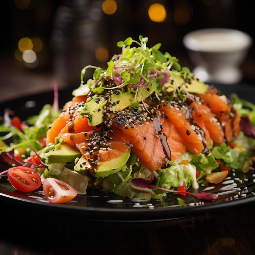 Plate with avocado salad with salmon and tomatoes. Photo for restaurant menu, advertising, delivery, banner