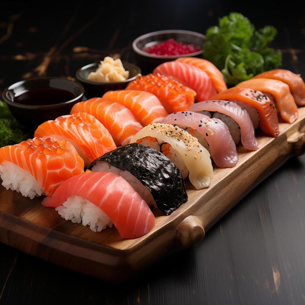 Plate with different kinds of sushi. Photo for restaurant menu, advertising, delivery, banner