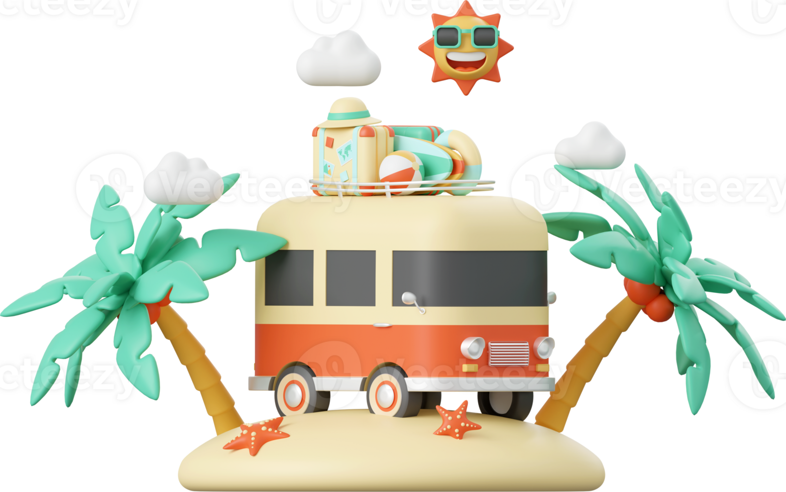 3d illustration of Summer concept, Summer van, palm tree, beach accessories png