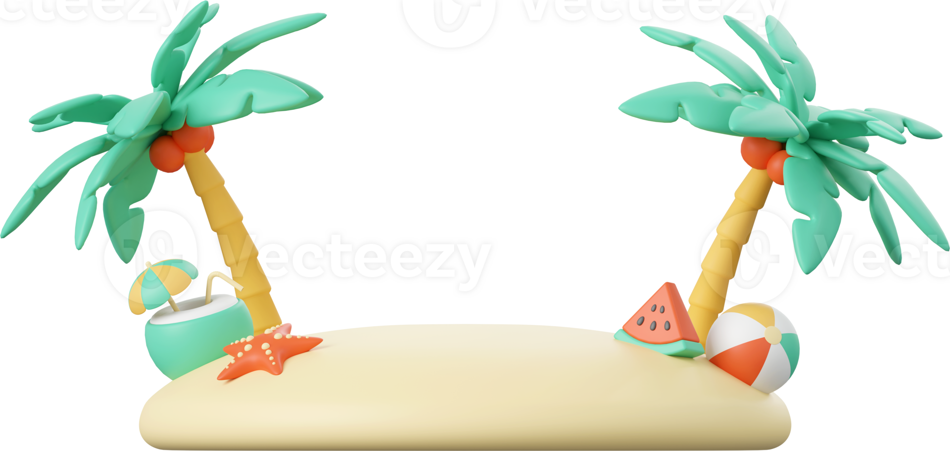 3d illustration of Summer concept, Beach with palm tree, beach accessories png