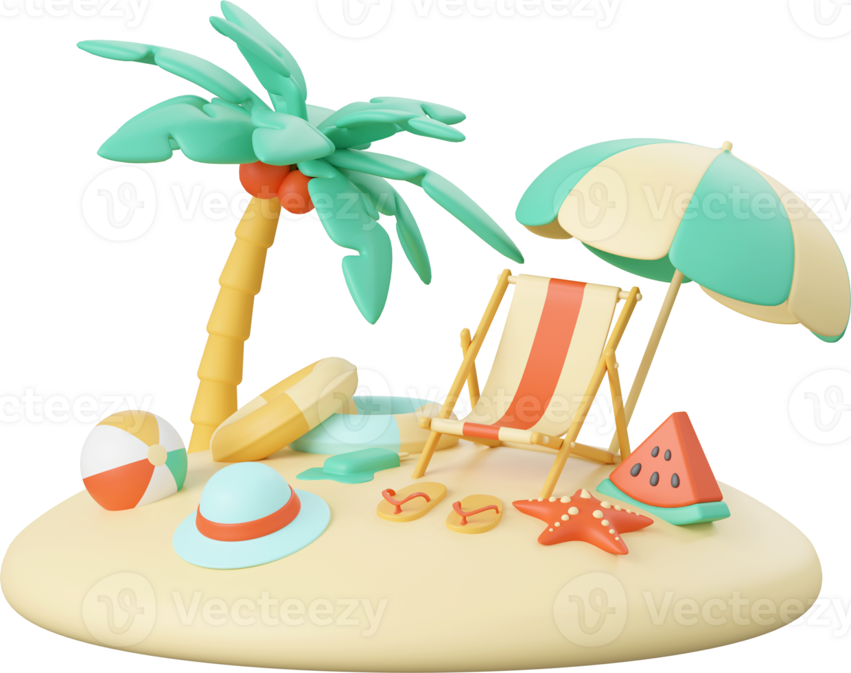 3d illustration of Summer concept, Beach Chair, beach umbrella and beach essentials png