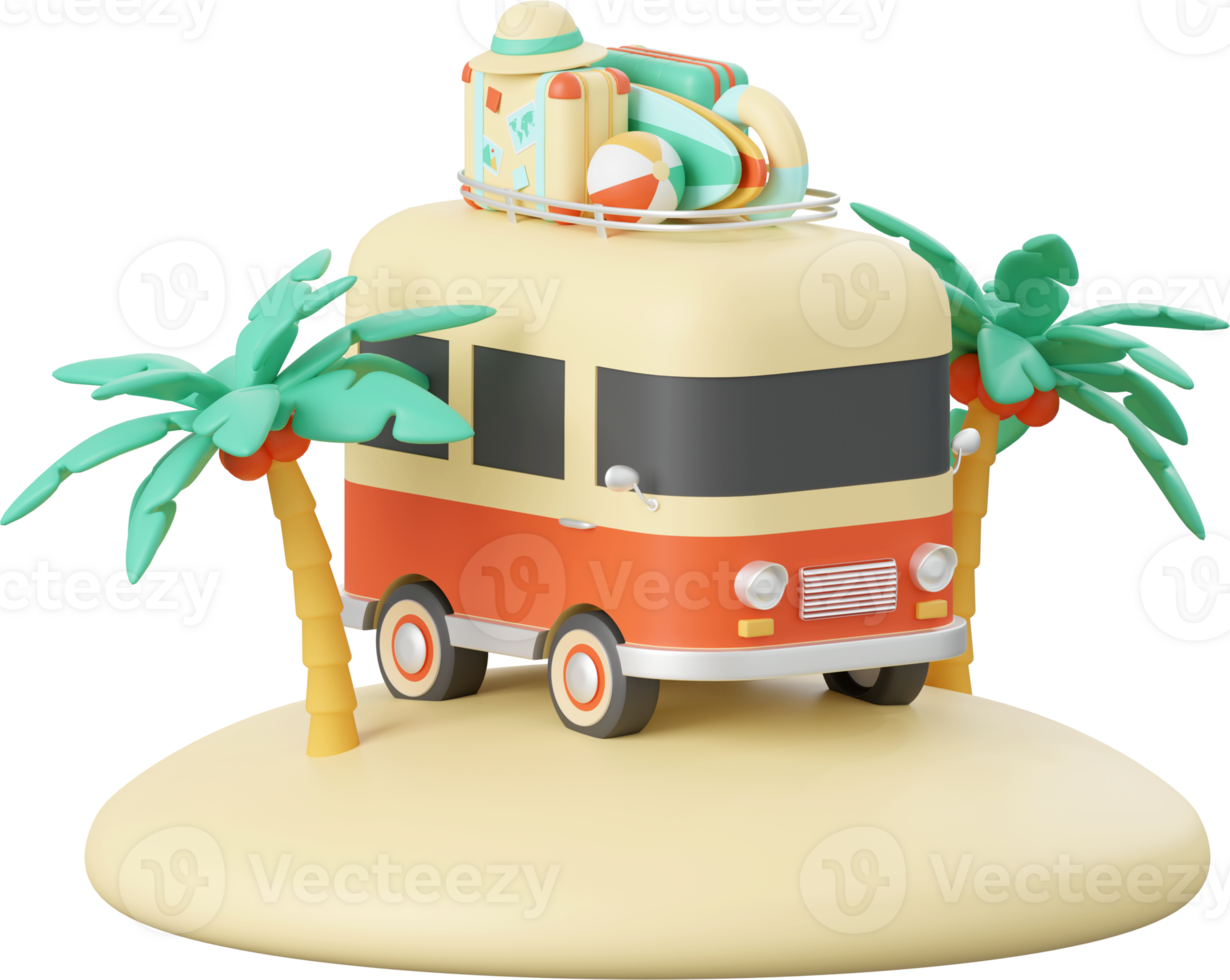 3d illustration of Summer concept, Summer van with beach accessories png