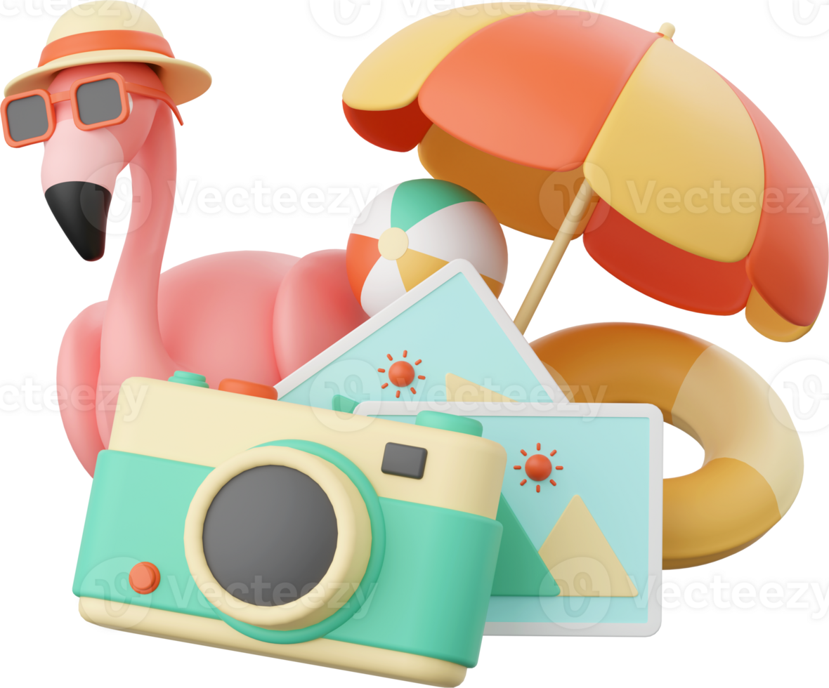 3d illustration of Summer concept, Flamingo wearing beach hat and sunglasses with camera and beach umbrella png
