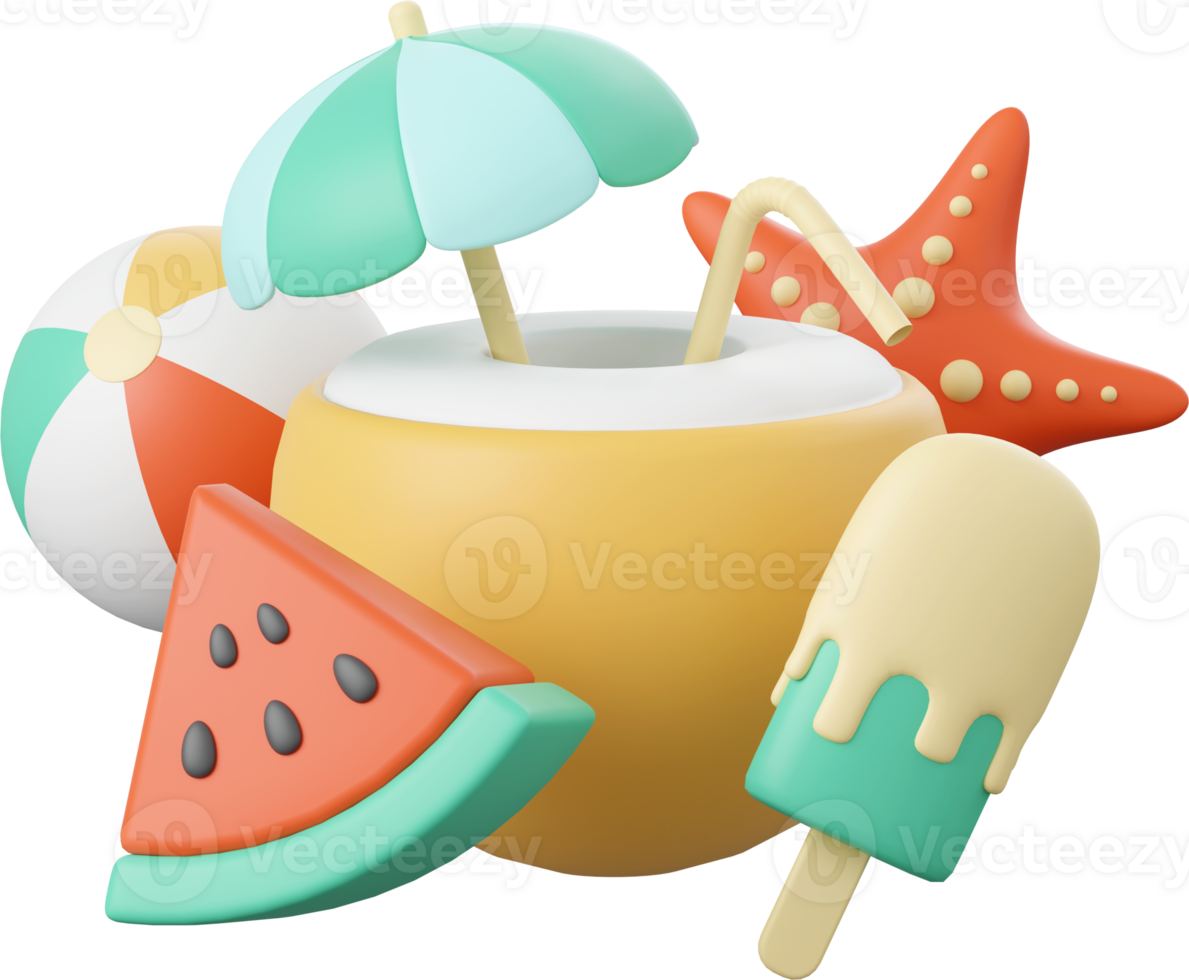 3d illustration of Summer concept, Coconut juice, watermelon, ice cream and beach ball png