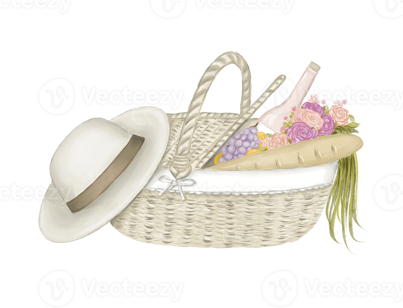 Filled picnic basket with hat png