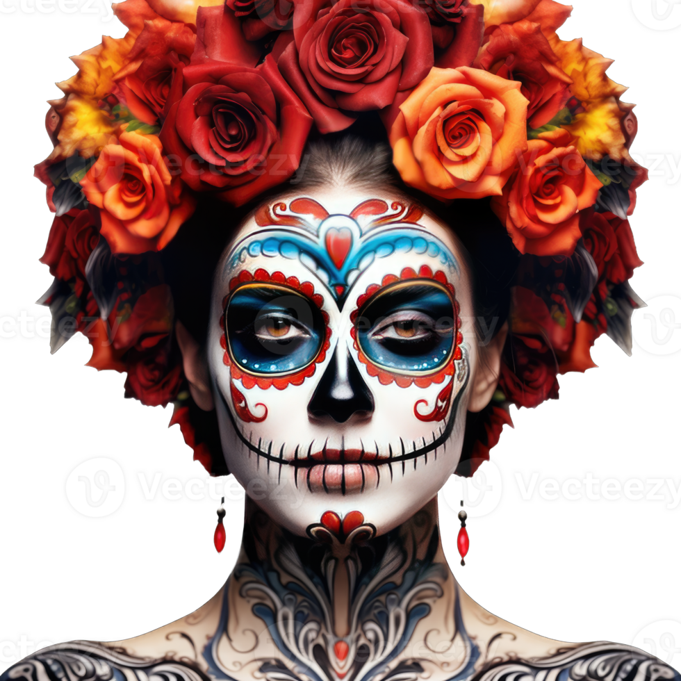 Detailed skull face paint for Day of the Dead celebrations isolated on Transparent background png
