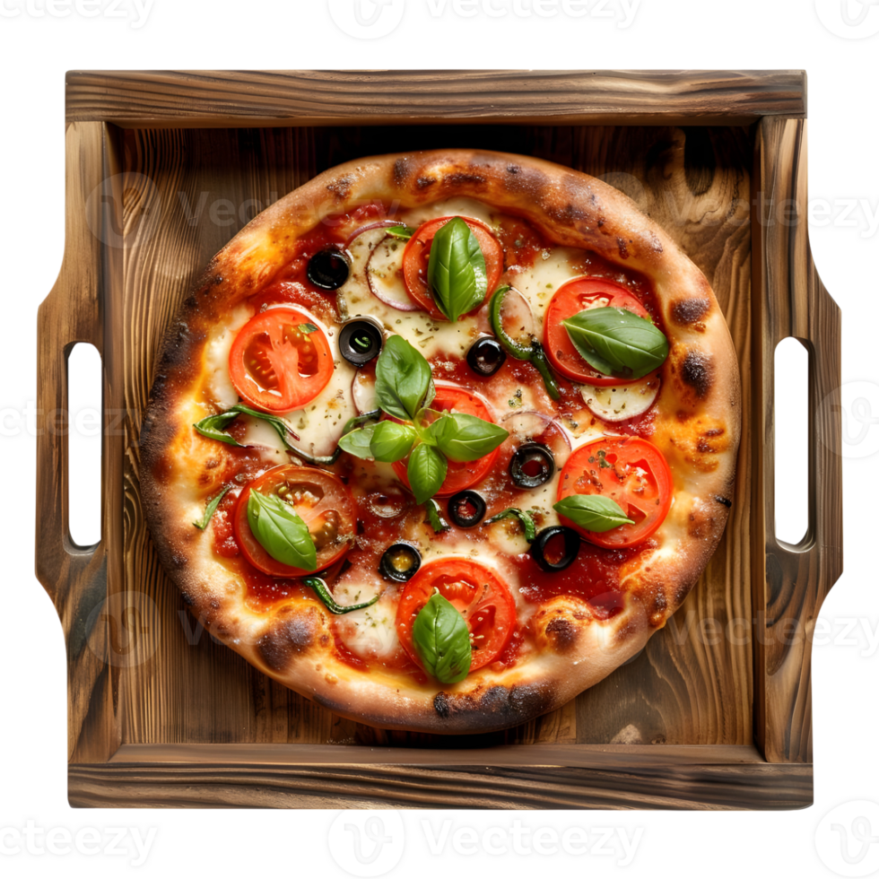 Pizza on wooden tray Isolated on transparent background png