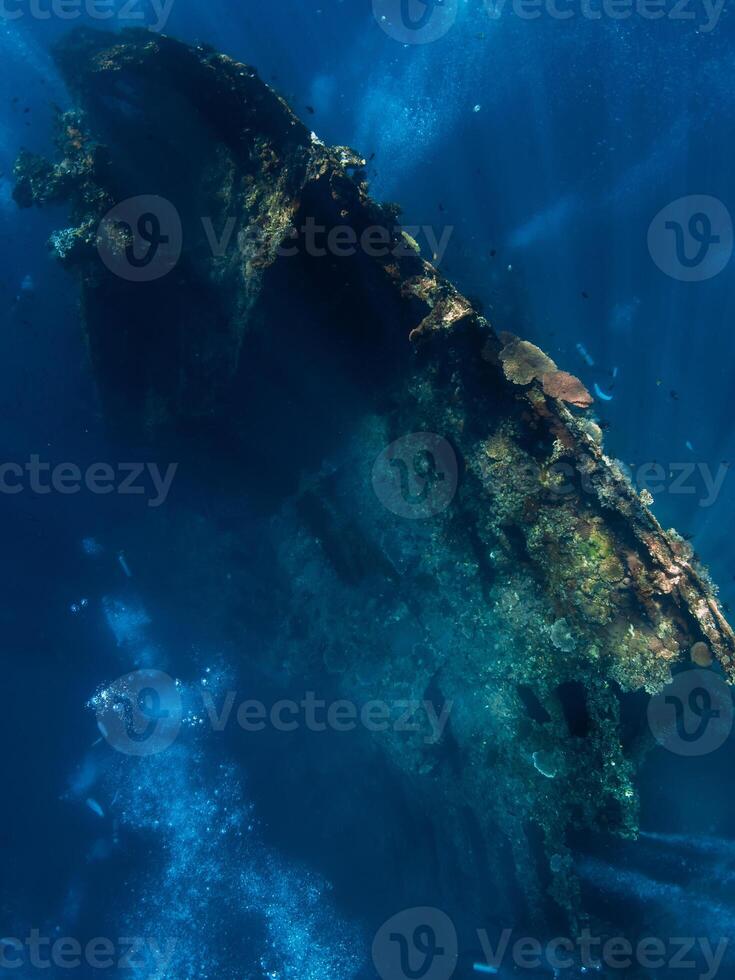 Diving at USAT Liberty Wreck in Bali. Freediving in deep sea photo