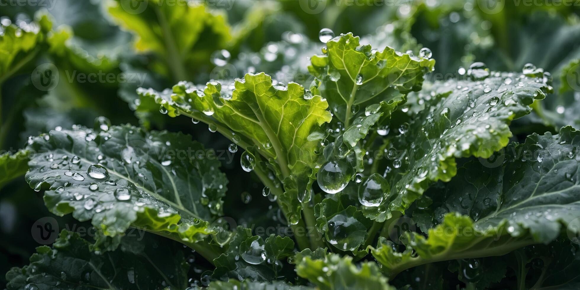 Close-up of Vibrant Green Curly Kale Leaves with Water Droplets. photo