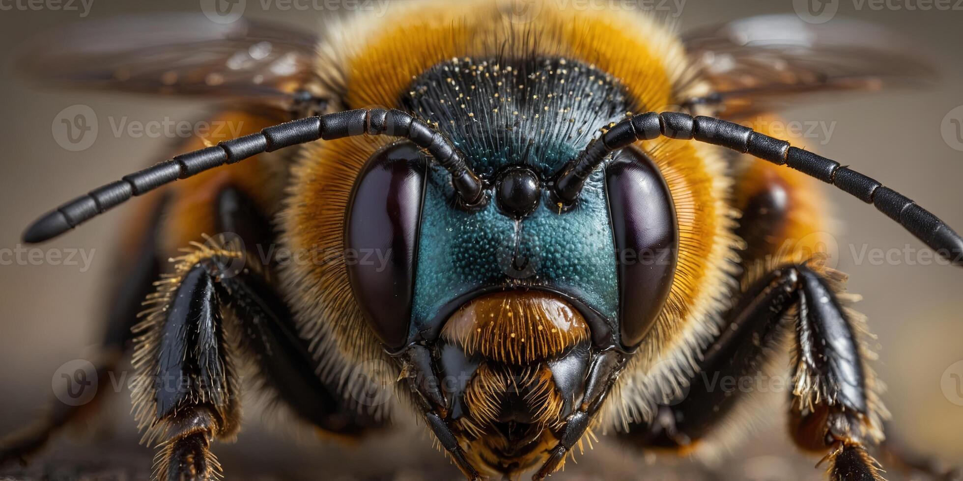 Close up view of a bee's head and its intricate eyes Perfect for nature and wildlife themed projects. photo