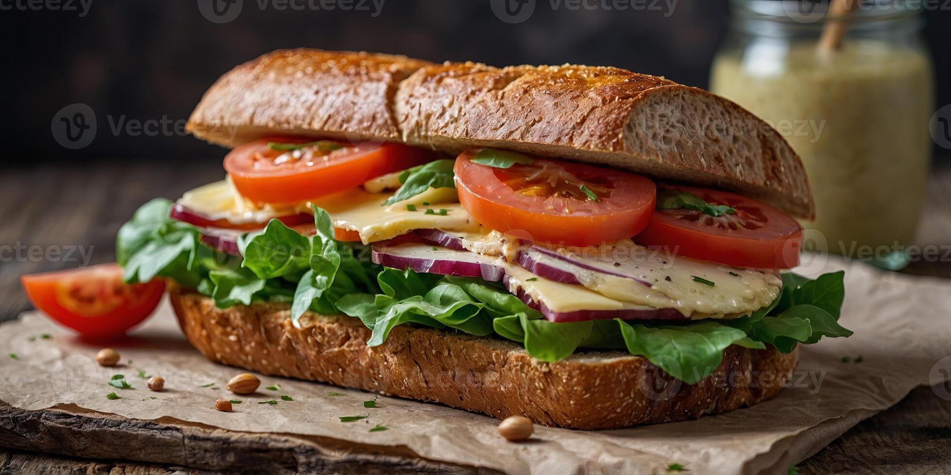 Close-up of a delicious gourmet sandwich with fresh ingredients, perfect for lunch or a casual meal, beautifully presented on a rustic background. photo