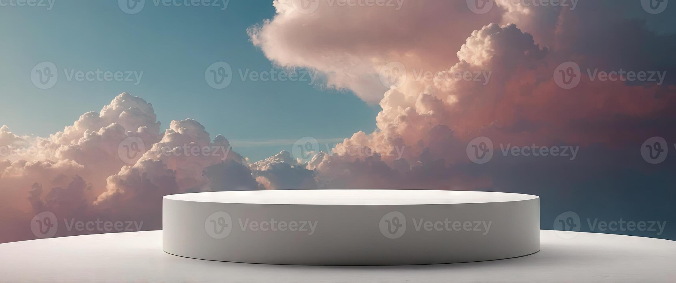 Close up white display podium for luxury product banners in dreamy pastel color clouds. photo