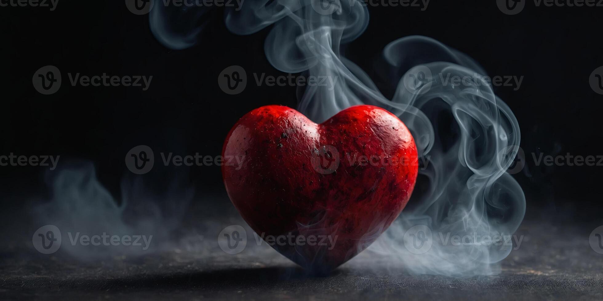 Red heart on a black background with a lot of smoke and fire. photo