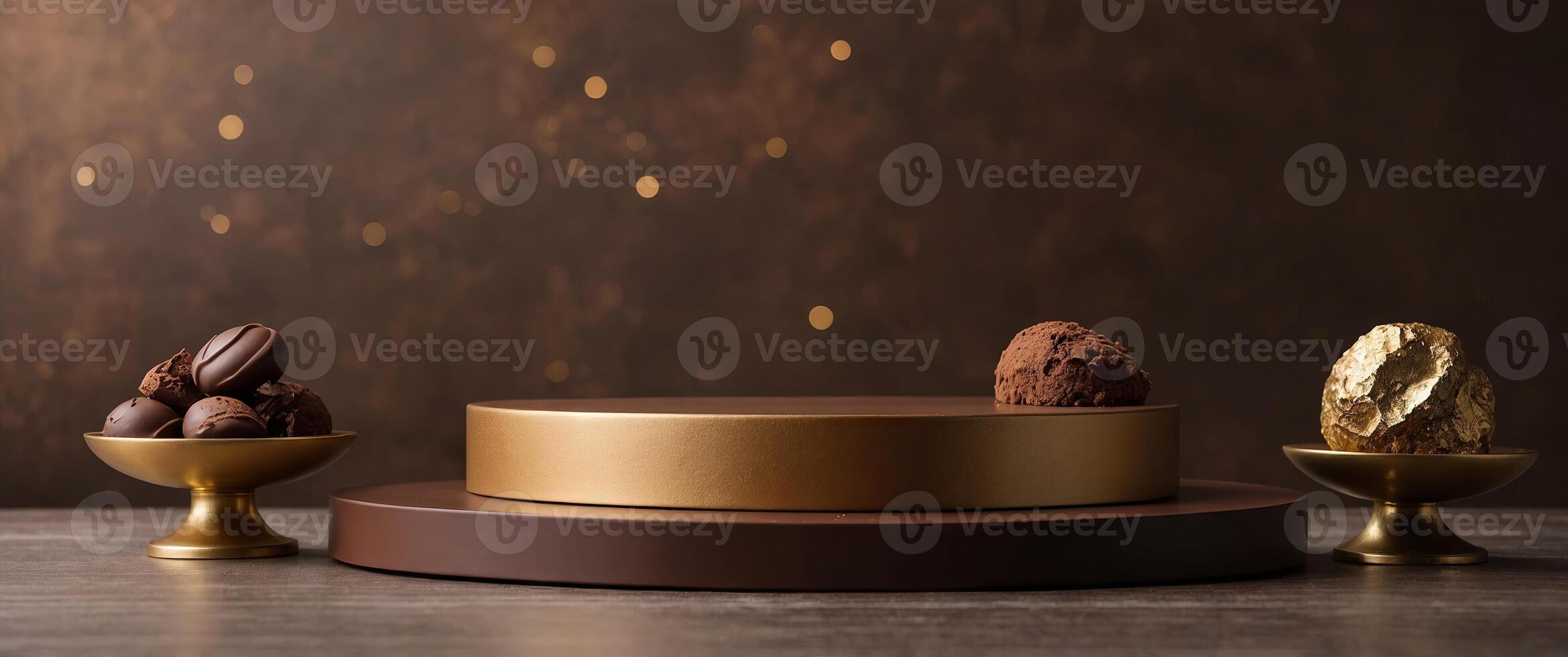 Chocolate podium scene with gold product display stand Background for advertising template or mockup Brown coffee pedestal for business purpose. photo