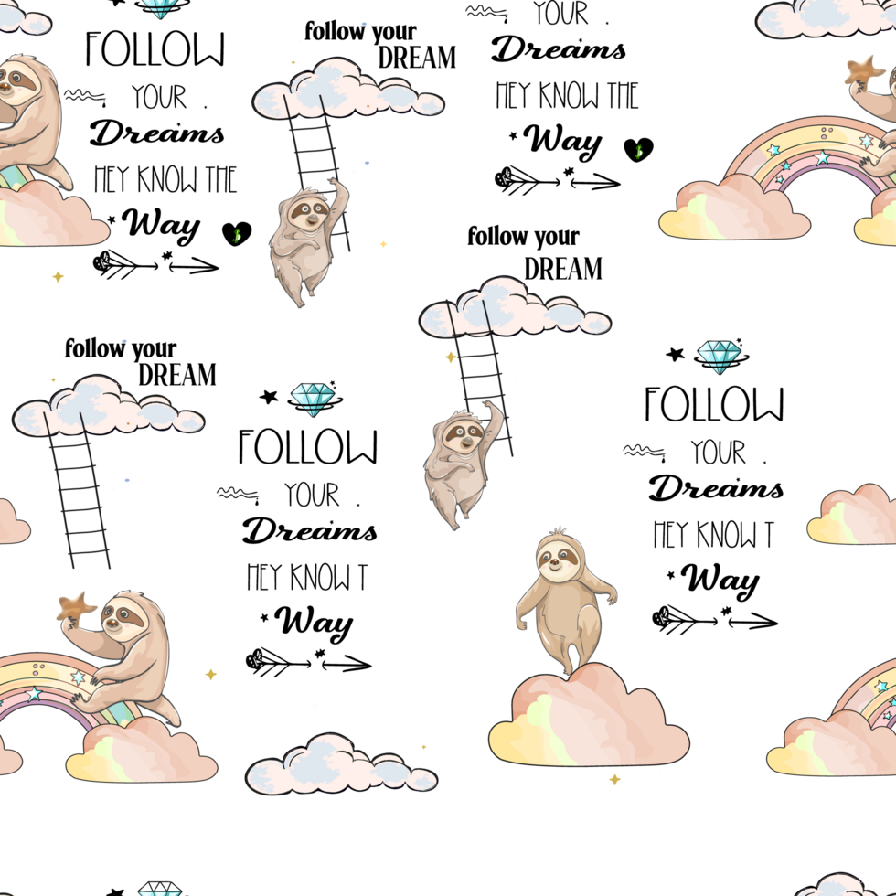 Minimalistic rainbow and heart pattern. Cute childish seamless pattern of rainbows, sloths, clouds, hearts on a light background. Ideal for fabric, textiles, packaging for children. Children pattern png