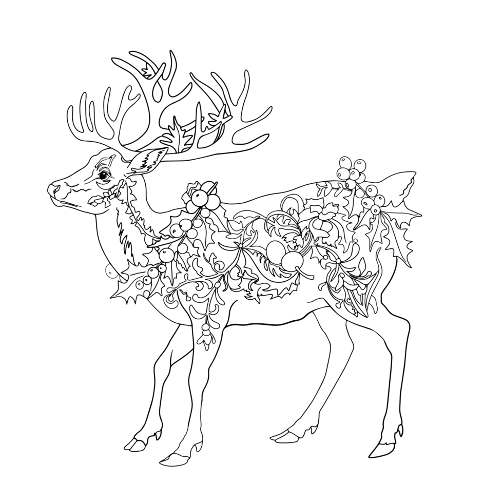 Hand Drawn Illustration with Cute Christmas Deer in Pine and Holly Wreath - Perfect for Tee Shirt Logo, Greeting Card, Poster, Invitation, or Nursery Print Design png