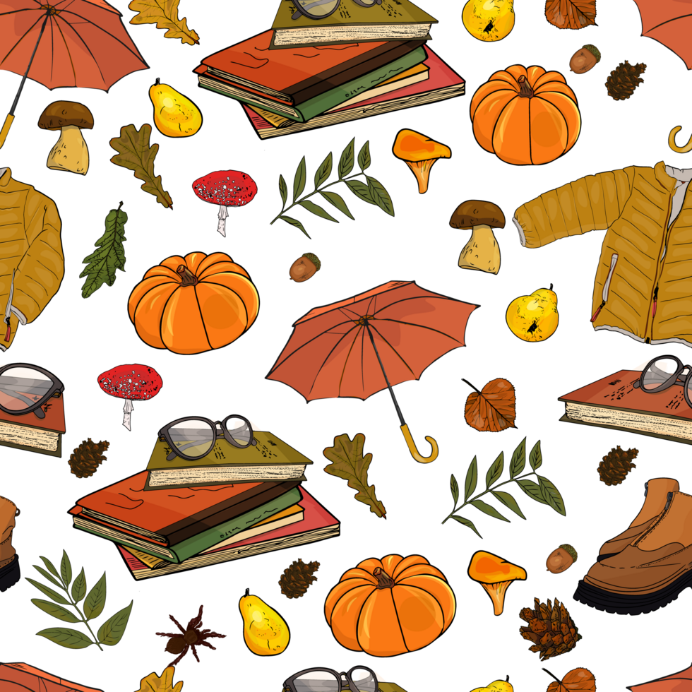 Autumn pattern. The leaves are multi-colored. The fall Seamless pattern. Colorful seamless pattern of autumn, fall howthorn leaves, hand made ink print png