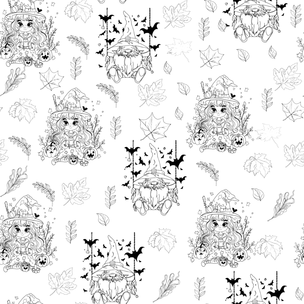 illustration of Halloween party pattern. Dwarf with flying webs, Anime witches, cats, witch's broom. Halloween seamless illustration. Cute background for print, textile, clothing, wrapping png