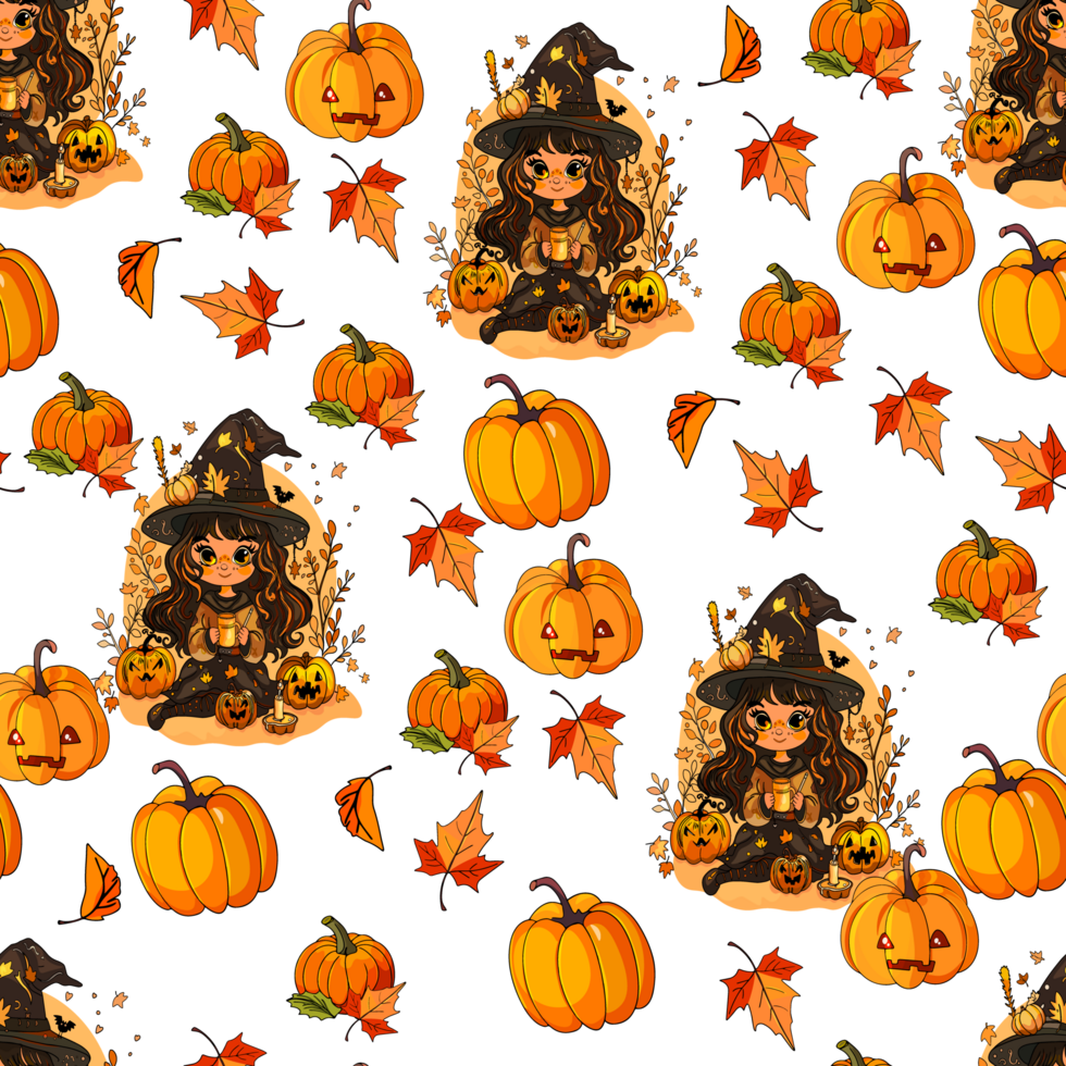 illustration of Halloween party pattern. Dwarf with flying webs, Anime witches, cats, witch's broom. Halloween seamless illustration. Cute background for print, textile, clothing, wrapping png