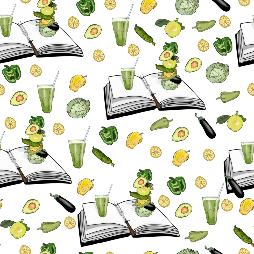 Healthy food pattern. Organic food, meat, vegetables. Seamless Patterns with Food and Utensils. Background. One line art Style. Frame with Organic Food png