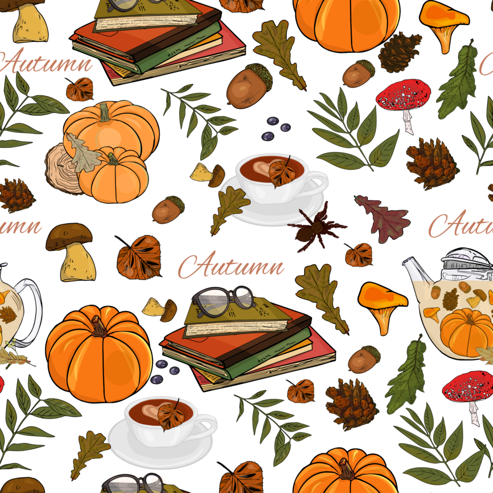 Autumn pattern. The leaves are multi-colored. The fall Seamless pattern. Colorful seamless pattern of autumn, fall howthorn leaves, hand made ink print png