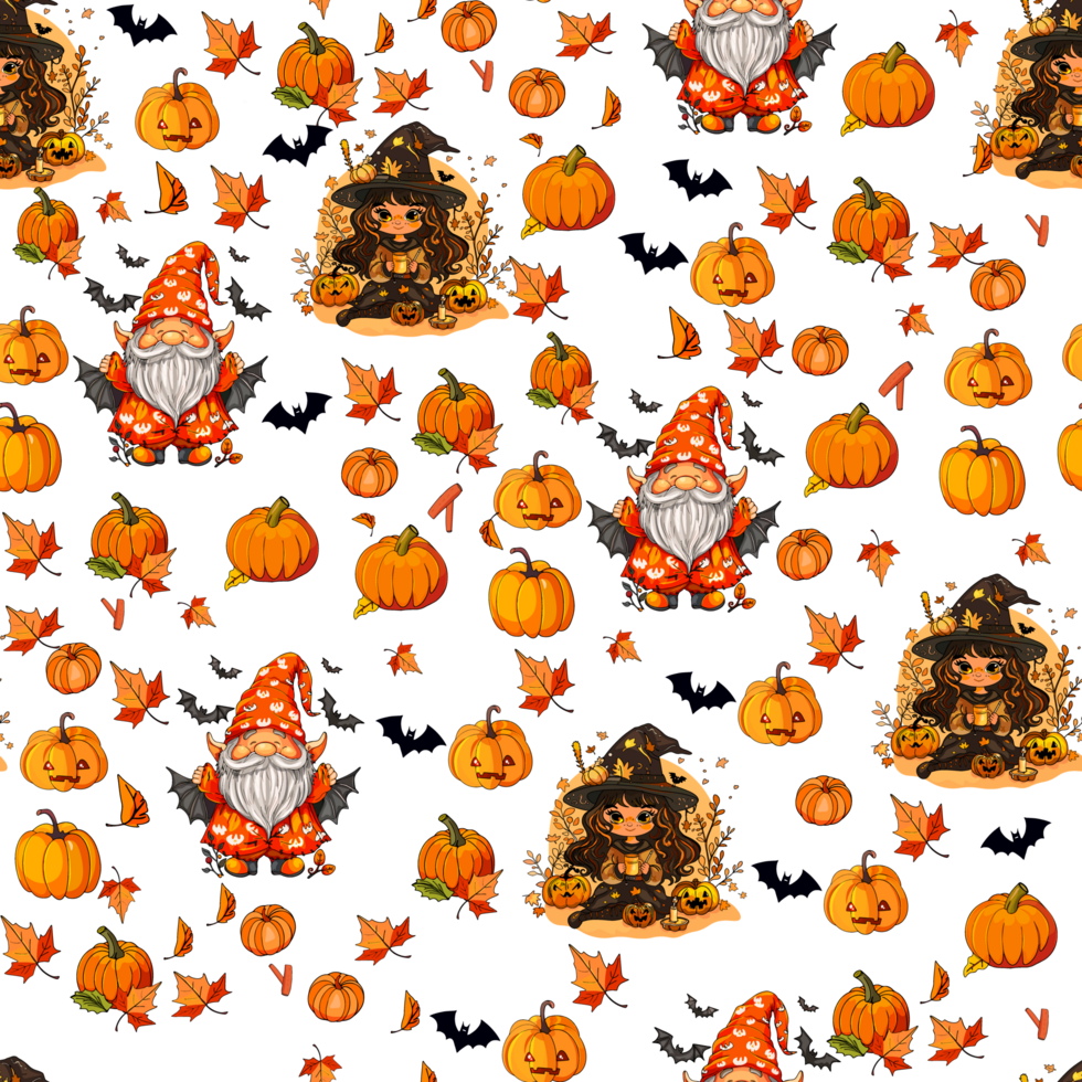 illustration of Halloween party pattern. Dwarf with flying webs, Anime witches, cats, witch's broom. Halloween seamless illustration. Cute background for print, textile, clothing, wrapping png