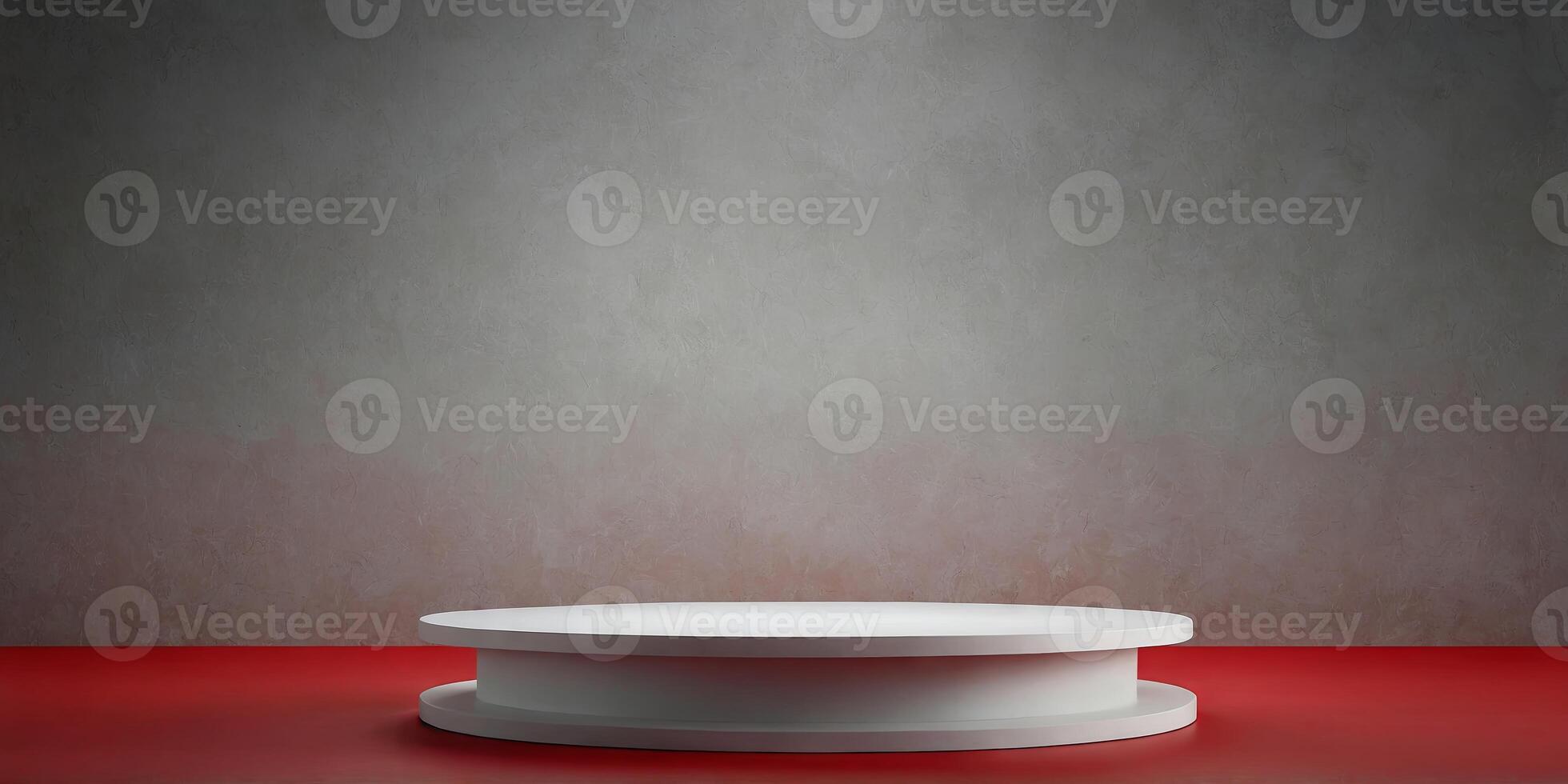 Empty pedestal display on red background with stand for product show or presentation. photo