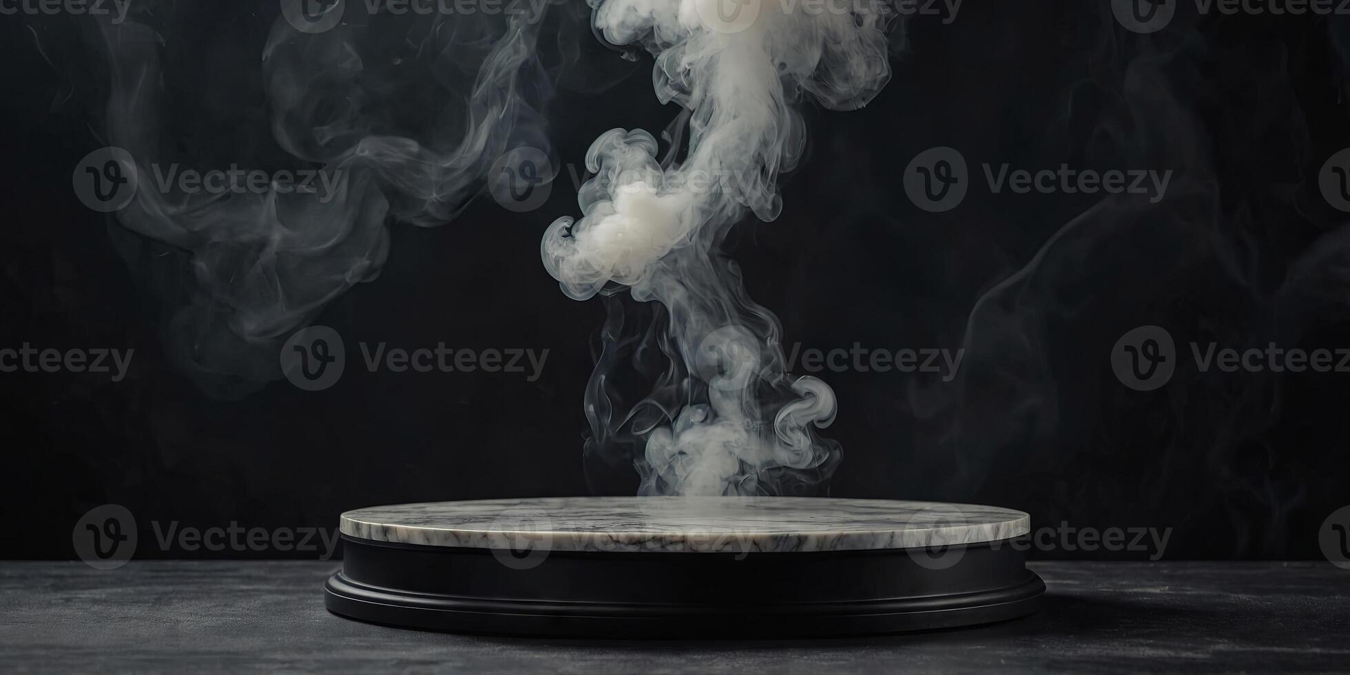 Empty round marble podium with smoke on black platform with black background for product display. photo