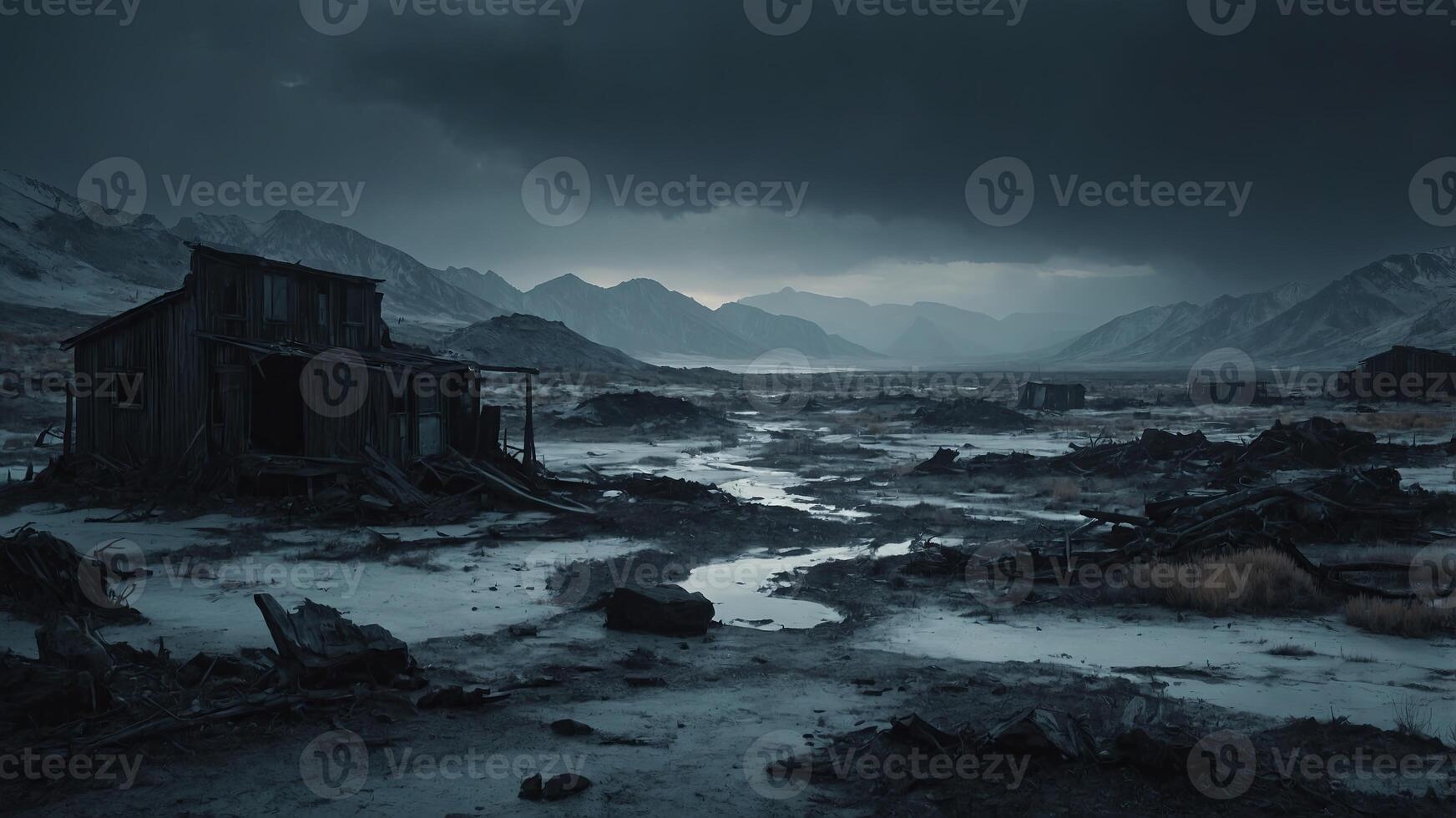 Capture the eerie beauty of a dystopian wilderness emphasizing desolation and isolation Concept Dystopian Wilderness, Eerie Beauty, Desolation, Isolation, Photography. photo