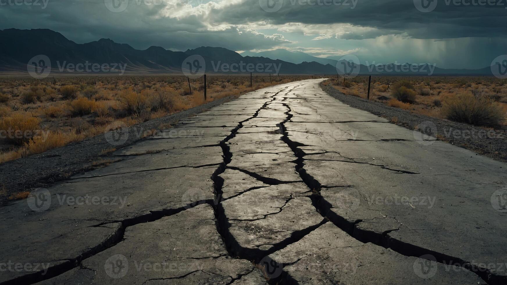 An old curved concrete road with cracks and dry vegetation Stormy post apocalyptic weather Barren landscape. photo