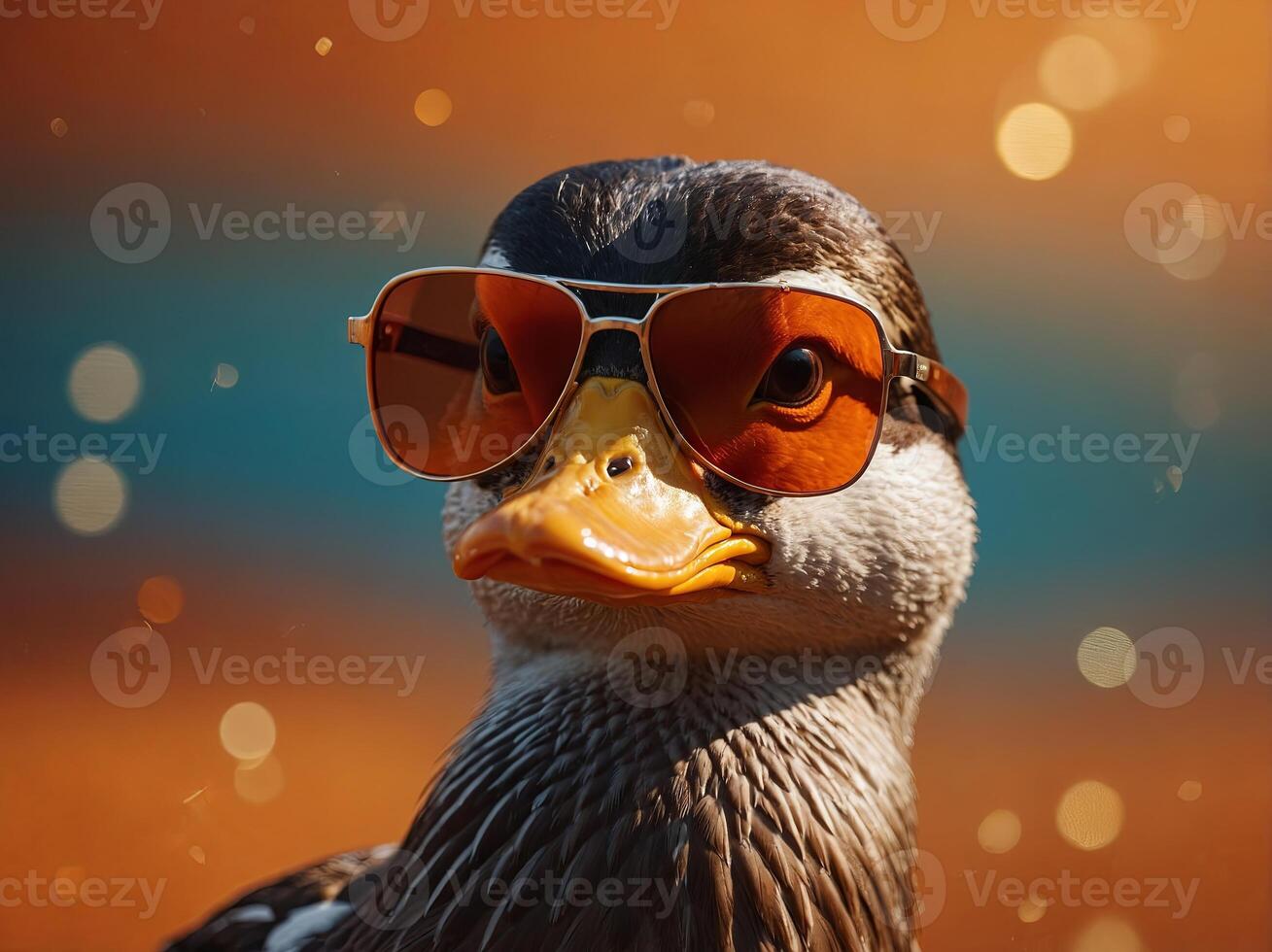 A duck wearing sunglasses on a solid orange background for advertising posters. photo