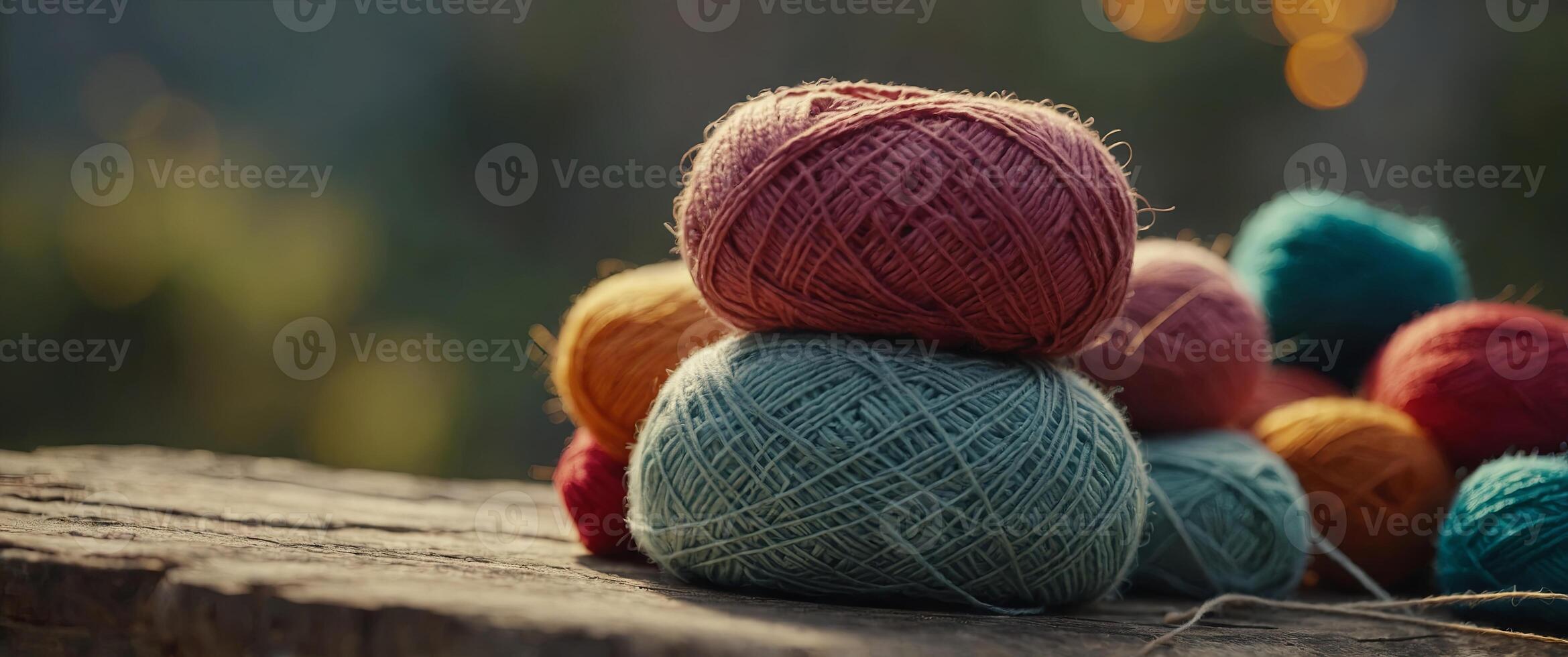 A pile of yarn and other items are stacked on top of eachother,. photo