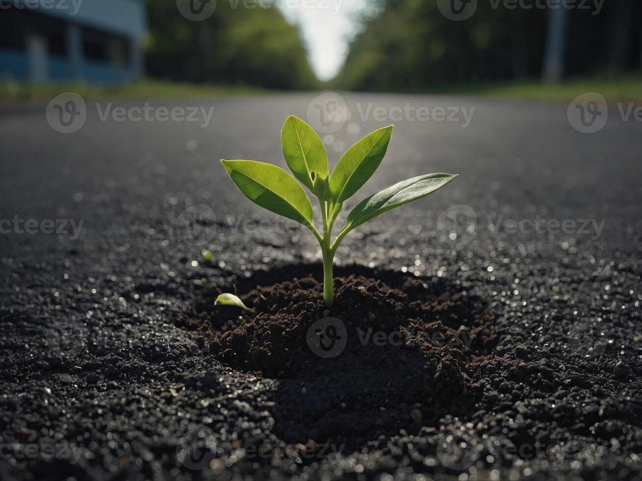 A seedling grows through the asphalt , safe nature earth day concept. photo